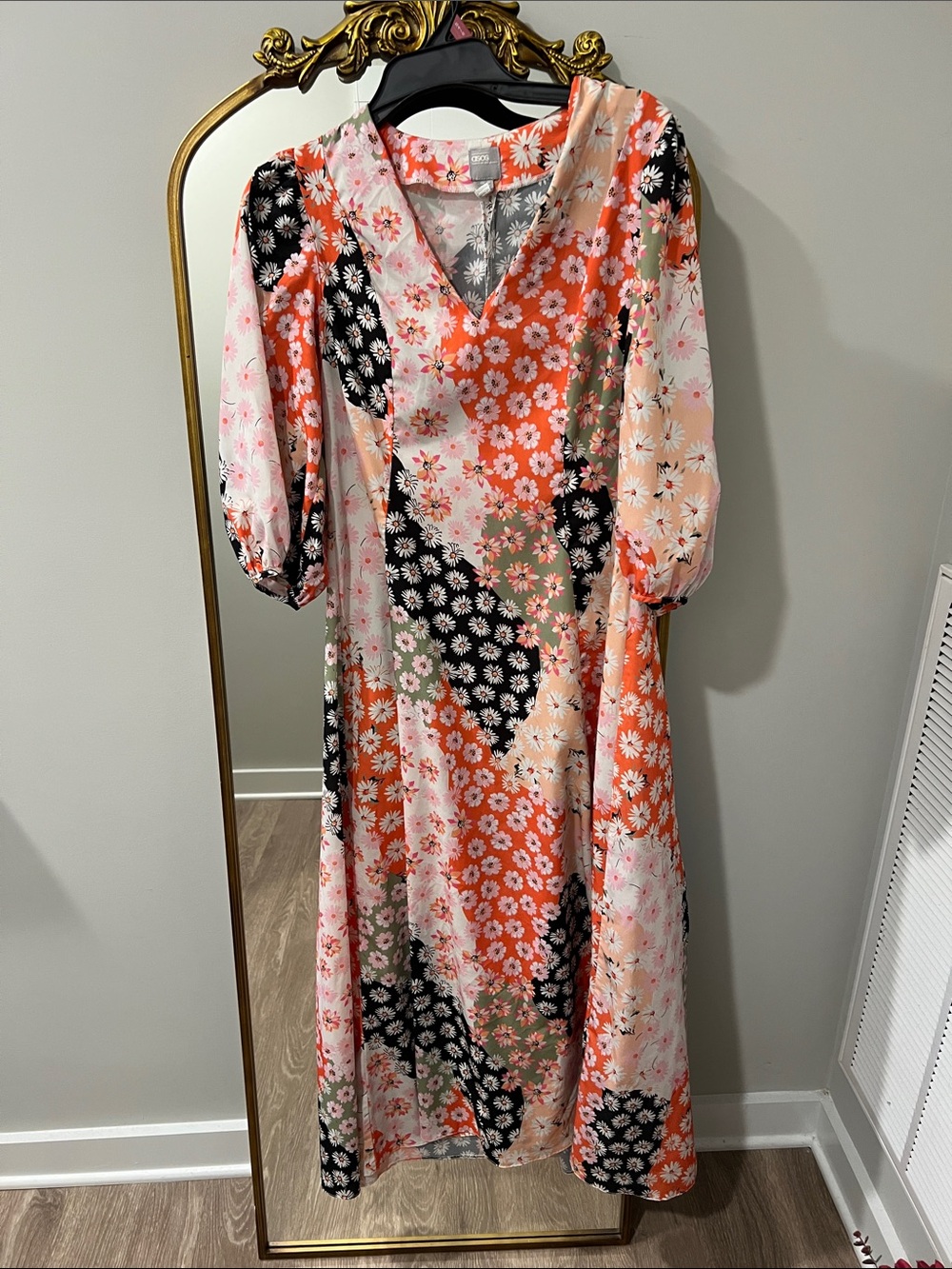 ASOS Floral Patchwork V-Neck Maxi Dress in Coral, Black and Pink